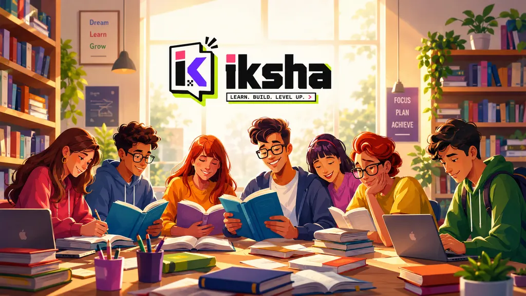 Students learning together at a table full of books and laptops, under the IKSHA logo.